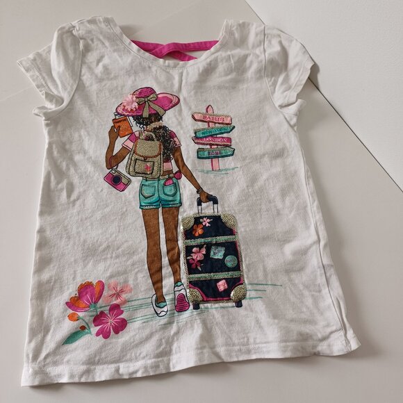 Isaac Mizrahi NY Sequin Travel Theme Strap Back Girl's T-Shirt Size M (7/8) - Picture 1 of 8